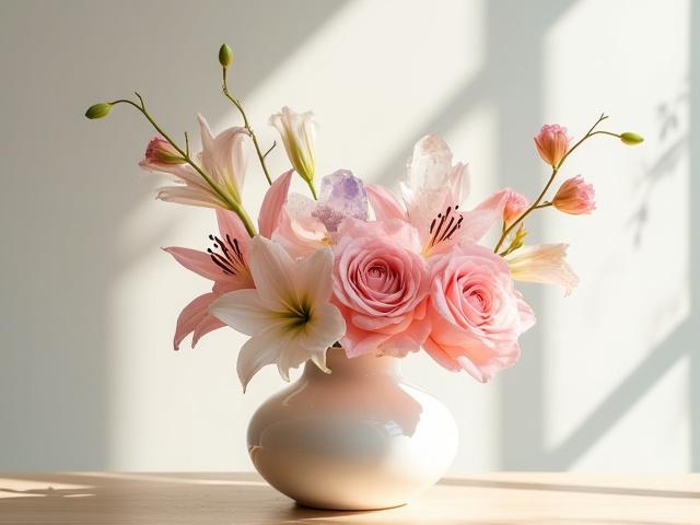 鮮やかな花と美しい鉱物を使ったカスタムフローラルアレンジメント。モダンな花瓶に生けられ、柔らかい自然光が差し込む日本の伝統的な空間に置かれています。